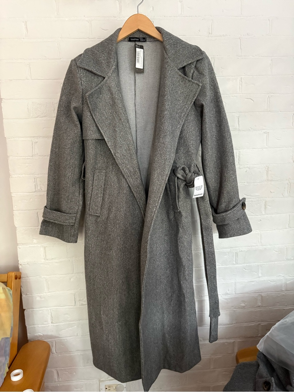 Boohoo Gray Belted Wool-Blend Long Coat Petite